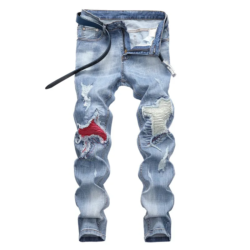 Novo gigh-qualidade personalidade luz azul estiramento motocicleta rasgado buraco tendência jeans masculinos