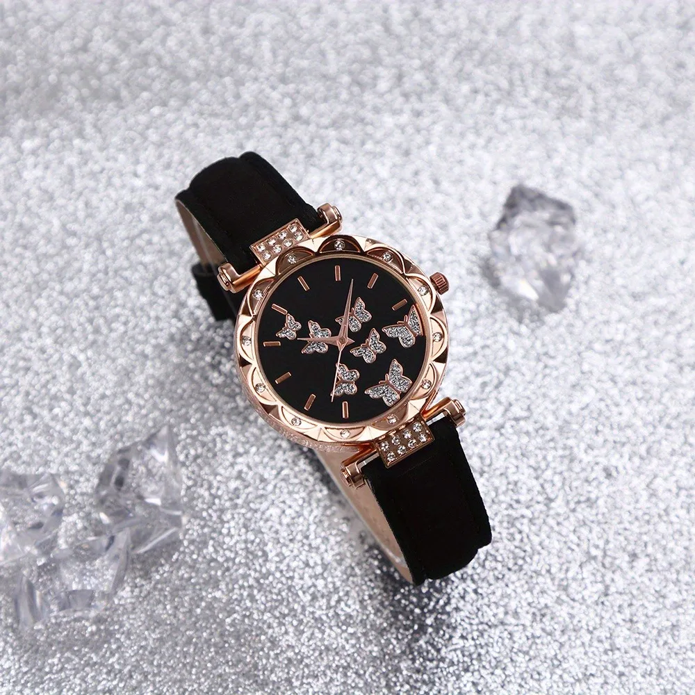 Women's Fashion Watch, PU Leather Strap, Quartz Movement, Rose Golden Case with Rhinestones, Butterfly Embellished Dial