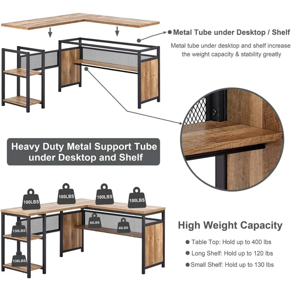 L geformter Computer tisch, industrieller Schreibtisch mit Regalen, reversibler Eck schreibtisch aus Holz und Metall für das Home Office