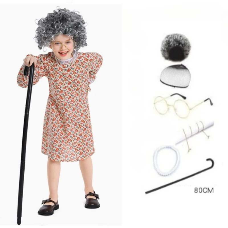 

7pcs Old Woman Lady Costume for Girls Grandma Cosplay Floral Dress Wig Glasses Full Set Halloween Performance Costume