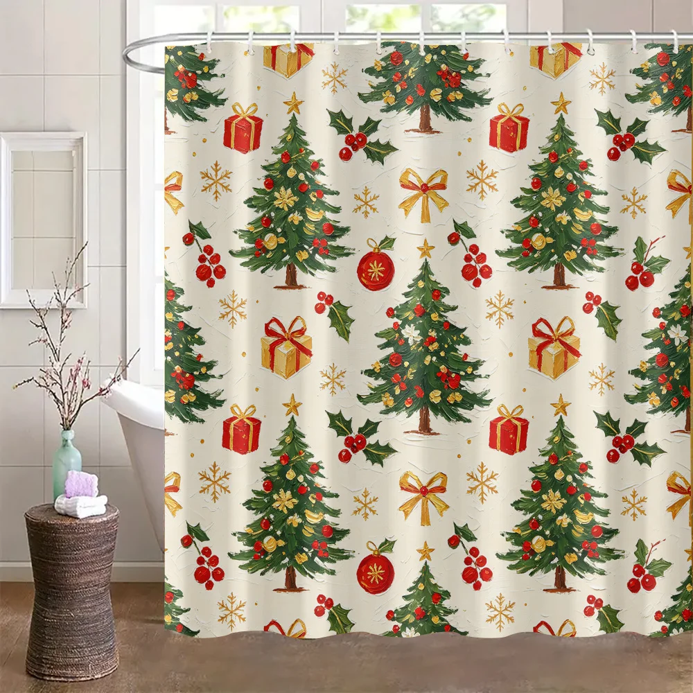 1 Printed Shower Curtain, Thick Impasto Oil Painting Seamless Print of Decorated Christmas Trees and Gifts on Off White Backgrou