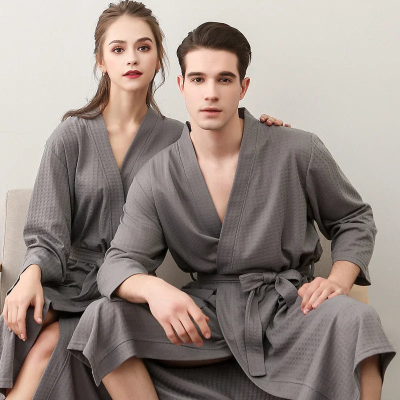 Spring Autumn White Couple V-Neck Long Bathrobe Summer New Waffle Casual Robe Gown Loose Sleepwear  Dry Quickly Home Pajamas