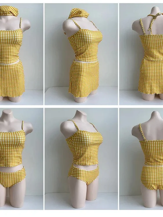 2025 New Yellow Bikini Women's Conservative Separation Grid Patterned Skirt Style High-End Feeling Four-Piece Set Swimsuit - Image 4