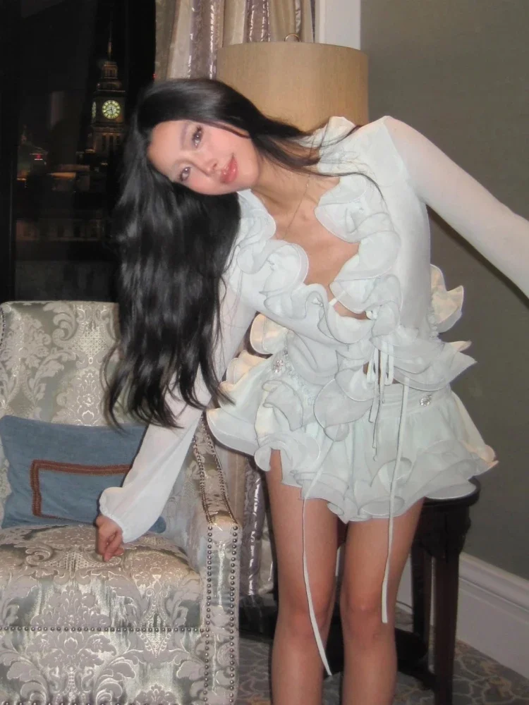 Culottes da donna Set da due pezzi Sexy con volant con lacci Top a maniche lunghe + Minigonne con diamanti Abiti da cocktail per feste di celebrità