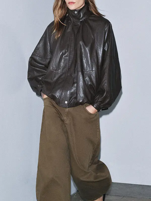 Faionable couro efeito piloto jaet casaco feminino inverno outerwear pele do plutônio longo sve efeito 3d superfície brilhante