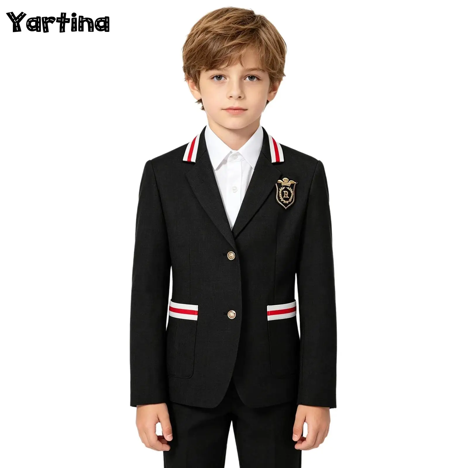 Kids Boys Girls Preppy School Suit Blazer Academy School Uniform Girls Burgundy Lapel Coat Badge Decor for Performance Party