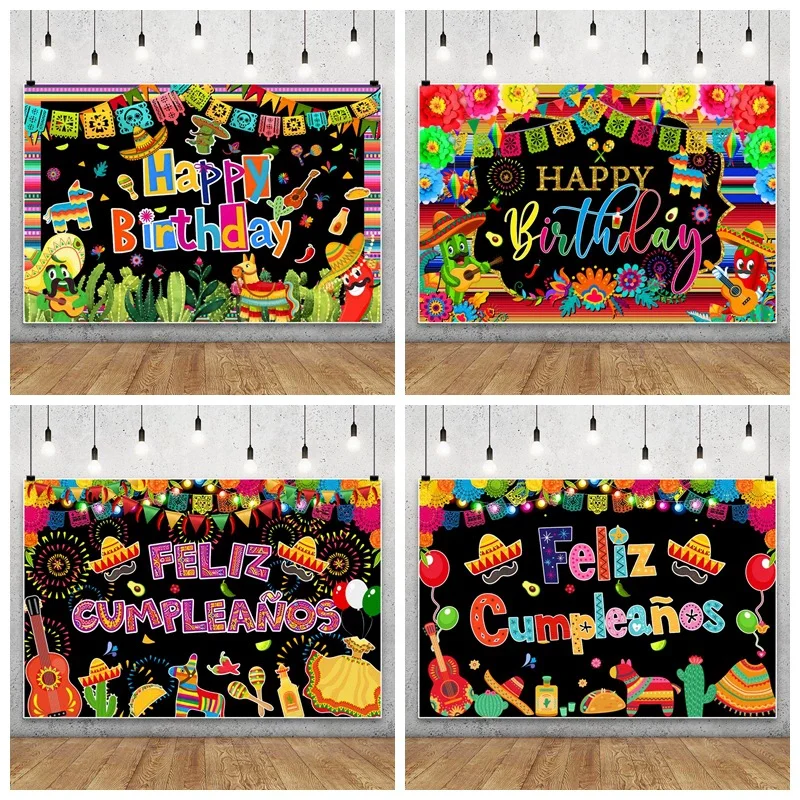 

Mexico Fiesta Photography Background Feliz Cumpleaños Mexican Cinco De Mayo Festival Party Decor Banner Cactus Alpaca Photo Prop