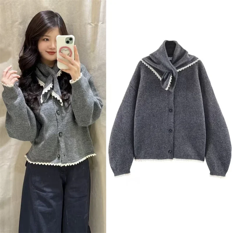 

Women's Jacket 2025 Winter New Grey Long Sleeve Cardigan with Scarf Lace Trim Casual and Fashionable