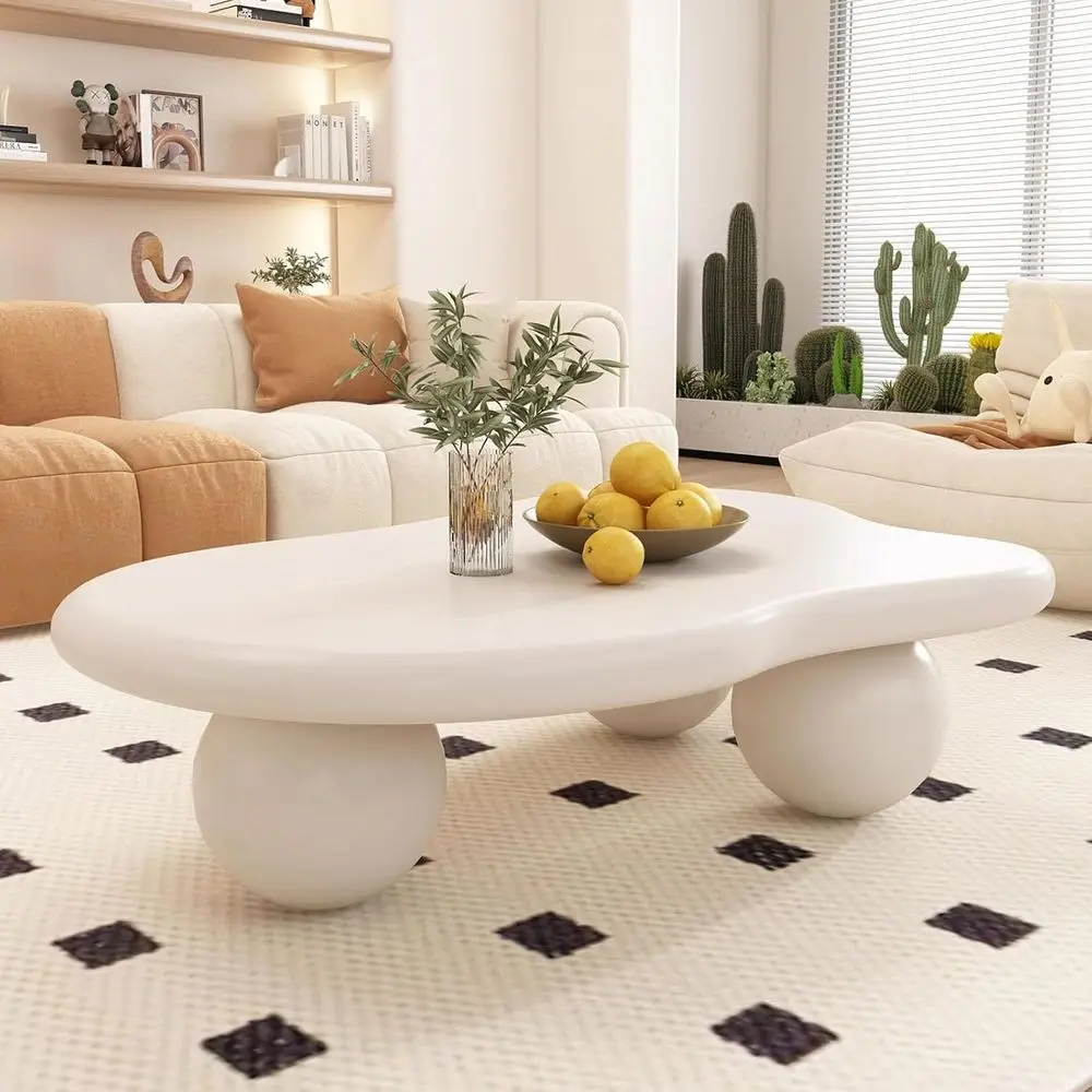 

Round Wooden Center Table with 3 Ball Legs for Living Room, Easy Assembly, White, 40W x 28D x 12H