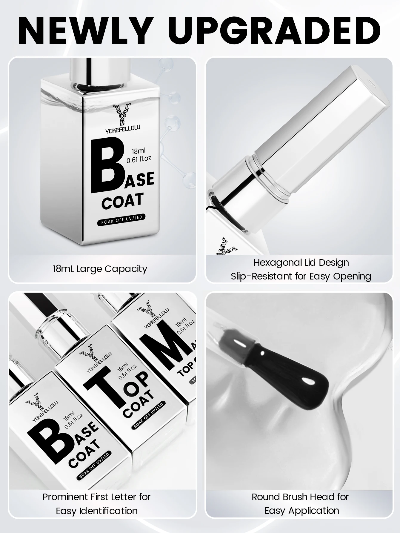 YOKEFELLOW 18ML Gel Nail Polish Base Coat No Wipe Top Coat HEMA TPO Free Soak Off UV LED Nail Varnish Long Lasting Function Gel