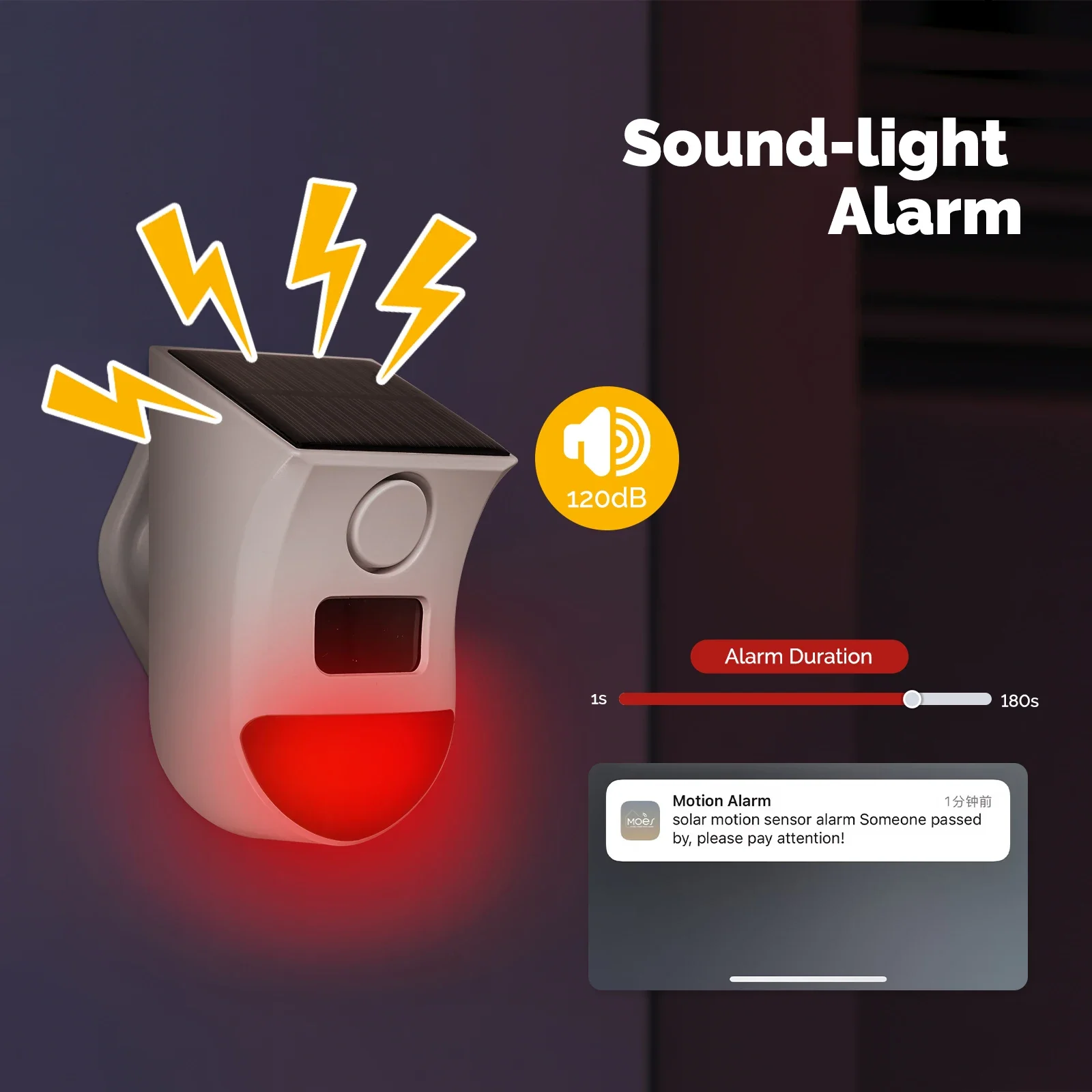 إنذار صفارة الإنذار الذكي في الهواء الطلق MOES، صفارة إنذار WiFi تعمل بالطاقة الشمسية 120 ديسيبل مع جهاز تحكم عن بعد ومستشعر PIR، مقاوم للماء، يعمل مع Alexa Google Home #3