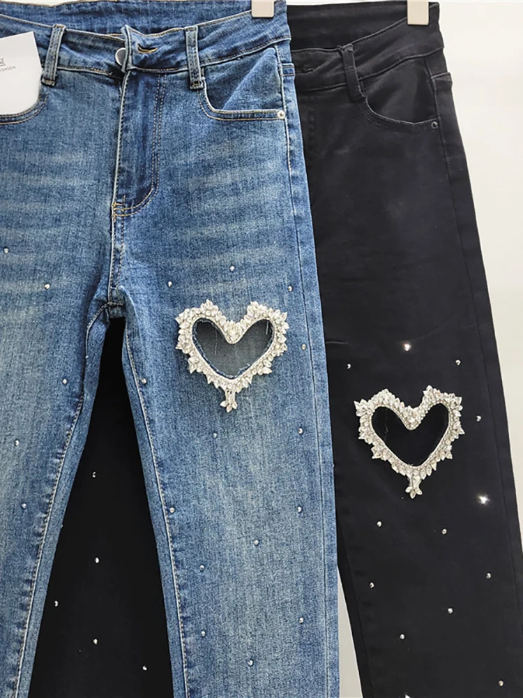 DEAT Women\'s Denim Pants High Waist Slim Stretch Heart Hollow Out Diamonds Ankle-Length Pencil Pants 2024 Autumn New Fashion