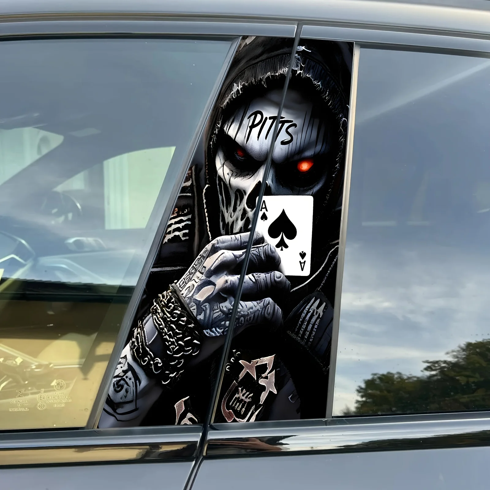 Set of Car Luminous Cartoon Skull Stickers | Tattoo Style Vinyl Stickers - B-Post Door Guard, Self-Adhesive, Waterproof,