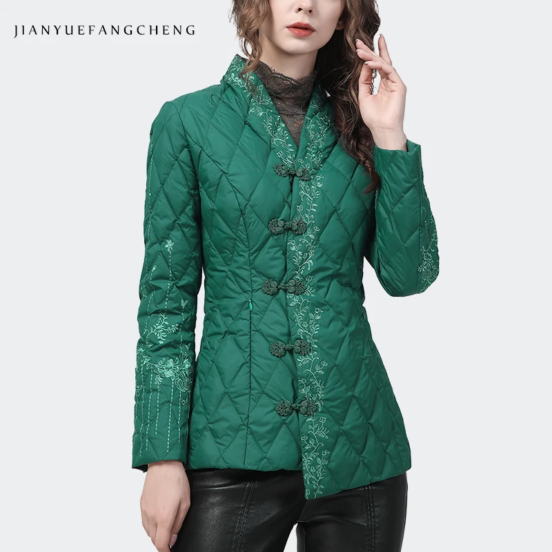 Vintage Embroidered Green Mid-Length V-Neck Women Down Jacket Winter Warm Lightweight White Duck Down Puffer Coat Cotton Jackets