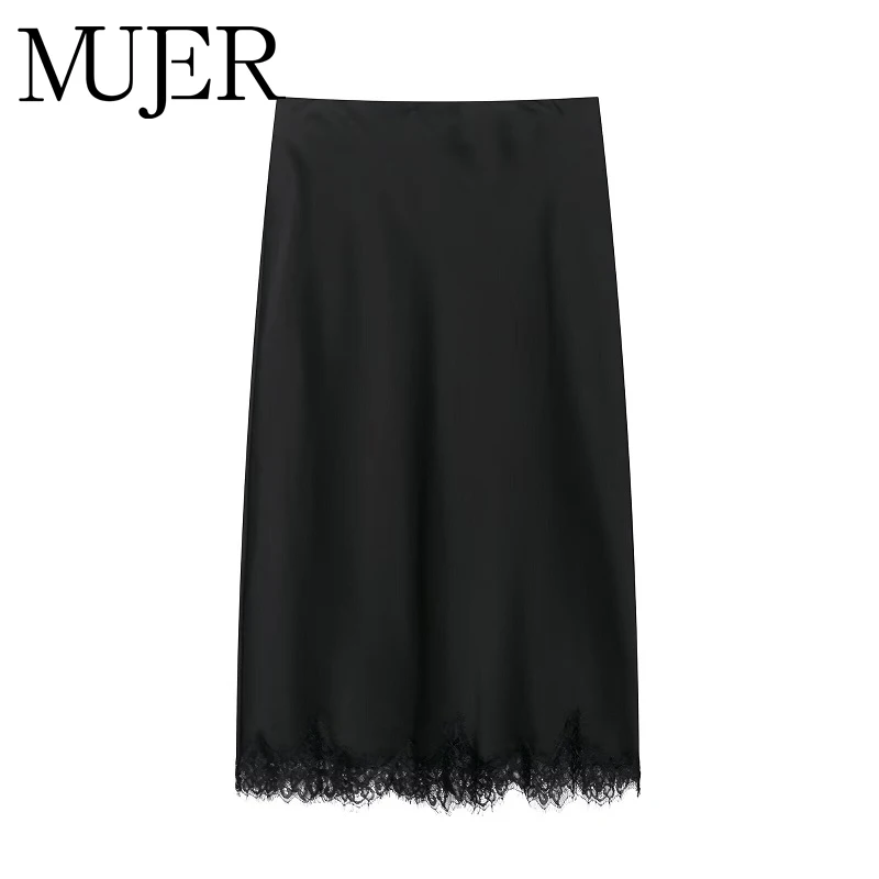 

MUJER Black Lace Long Skirts for Women Satin Midi Women's Skirt Cylinder Mid Waist Skirt Woman Vintage Evening Women Skirt Sets