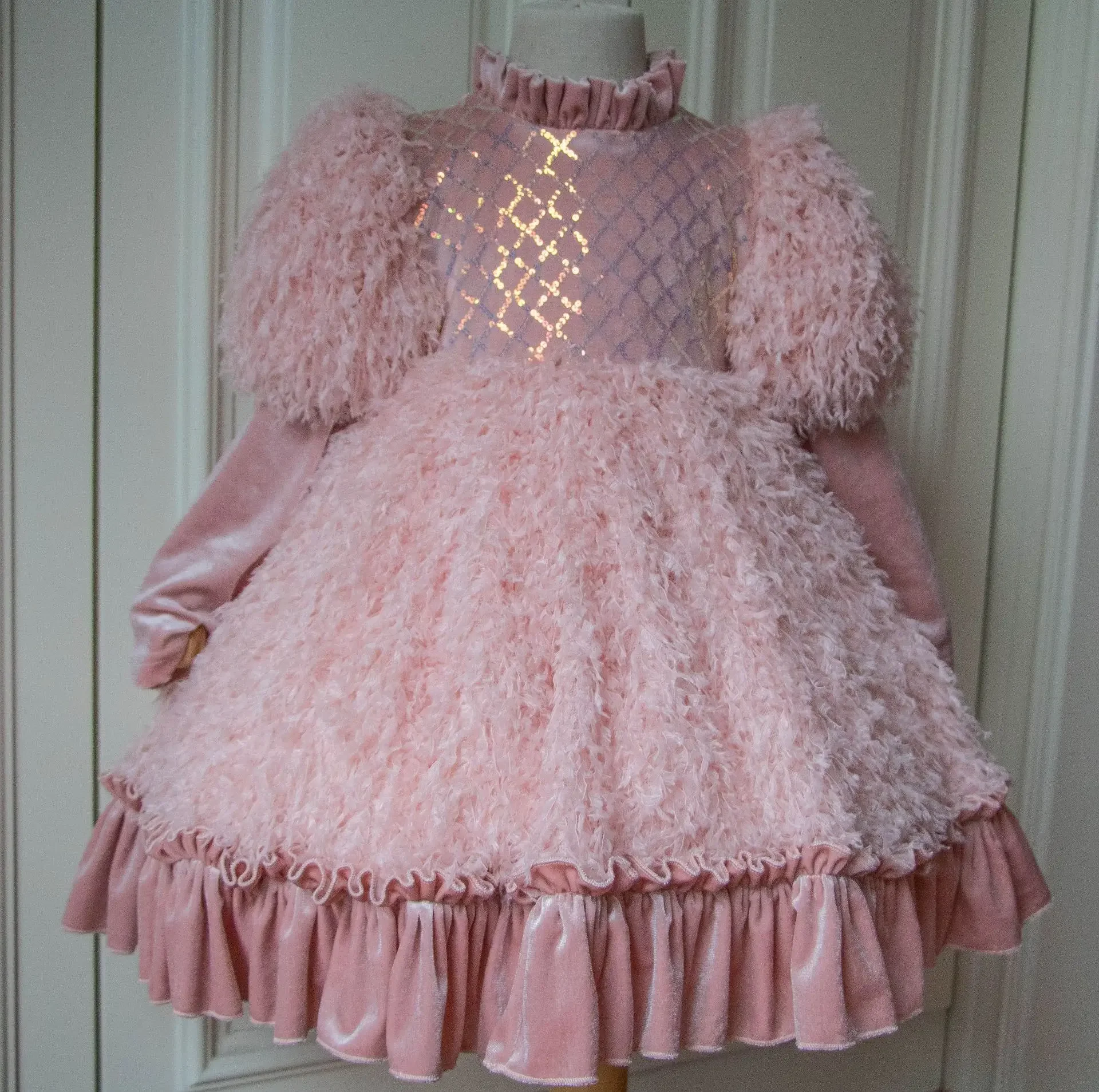 Sweet Pink Feather Children Princess Dress Sequin Checkered Velvet Autumn Winter Kids Girls Birthday Party Costume Ball Gown