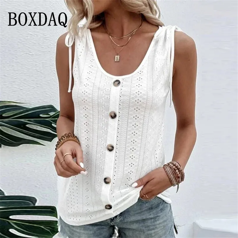 2023 New Women White Blouses Summer Tank Solid Colors Hollow Out Loose Shirts Sweet Casual Sleeveless Button Sexy Lace Up Tops