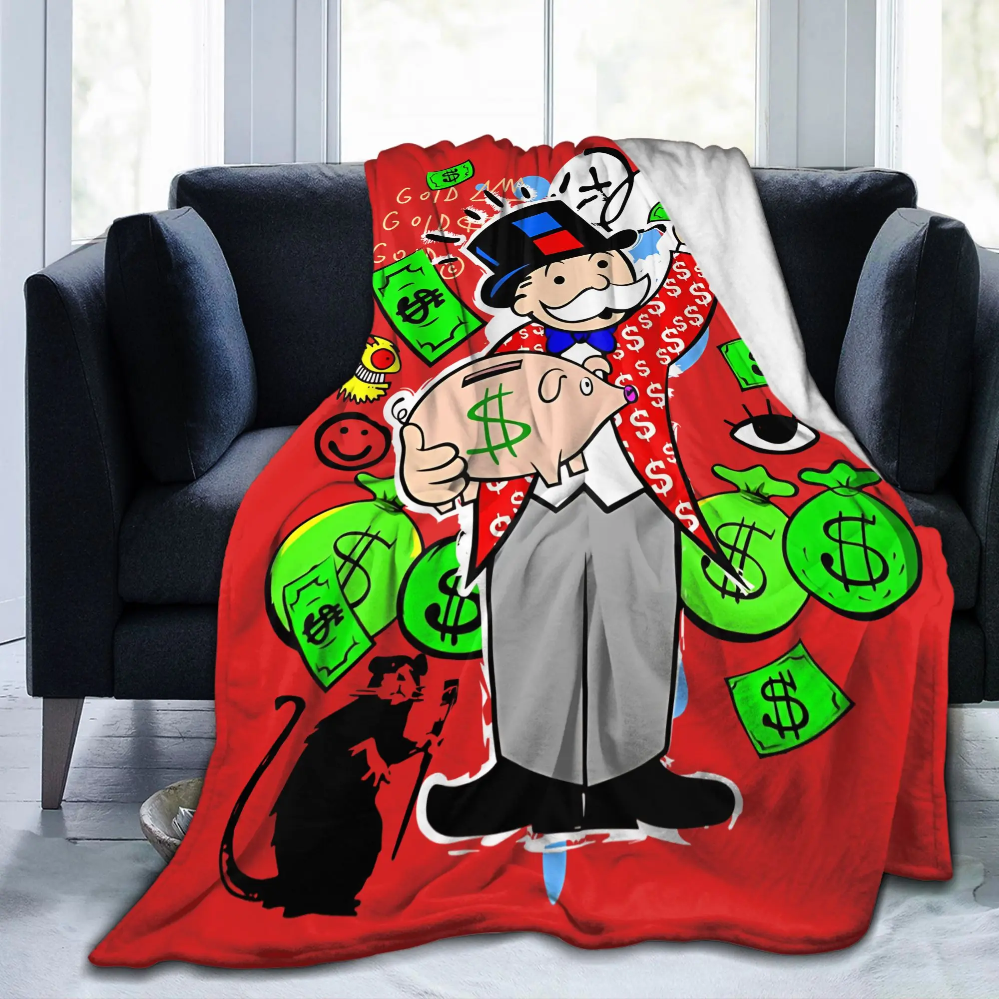 Monopolys Holding Piggy Bank  Fleece Throw Blanket  Blanket for Bedding Office Ultra-Soft Bed Rug,