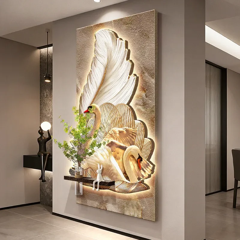 Swan Decoration Painting, Hydroponic Green Plant Mural With Light, Feather Entrance Door, Sandstone Hanging Painting