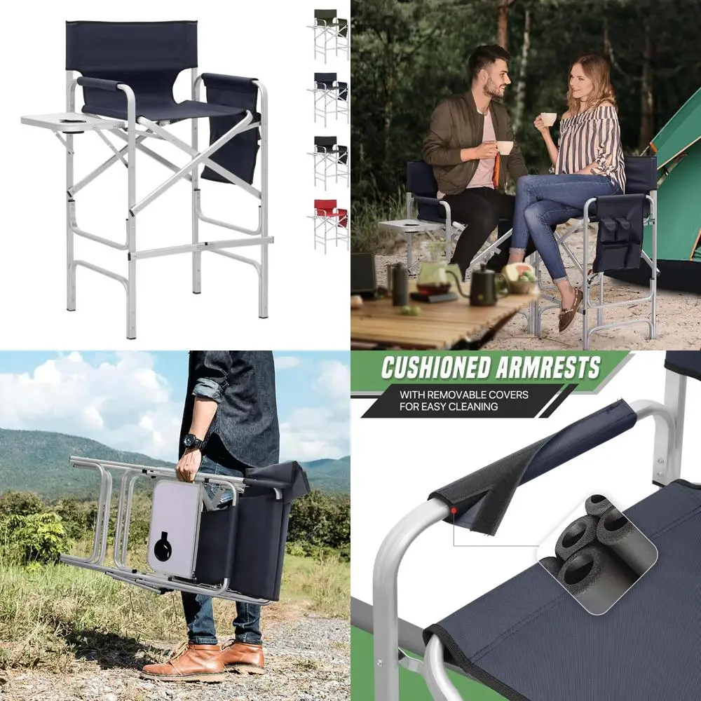 

Portable 31 Folding Camping Chair with Aluminum Frame, Side Table, Cup Holder, and Pockets, 250lbs Capacity, Blue