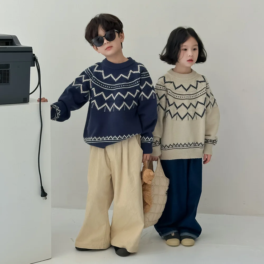 Sweater Autumn Boy Girl Korean Wave Knitting Tops Children Clothing Round Neck Causal Simple Easy Woolen Yarn 2024