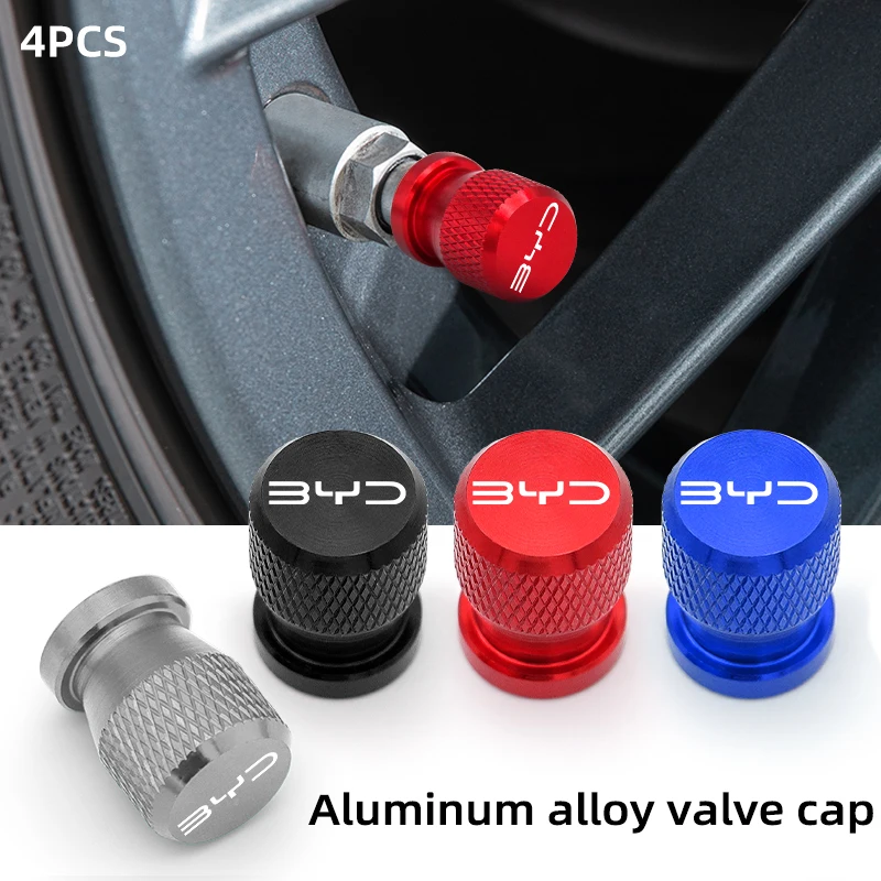 4 PCS Car Wheel Tire Valve Stem Cap Cover Aluminum, for BYD Dolphin DM-i Qin Song Plus Tang F3 E6 Han EV Seagull SEAL SHARK