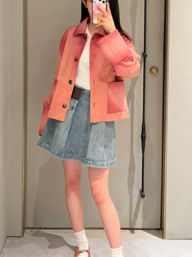 Luxury Women Real Suede Leather Jacket Single Breasted Loose Fit Genuine Leather Coat New Designer Autumn Winter Outwear Jackets