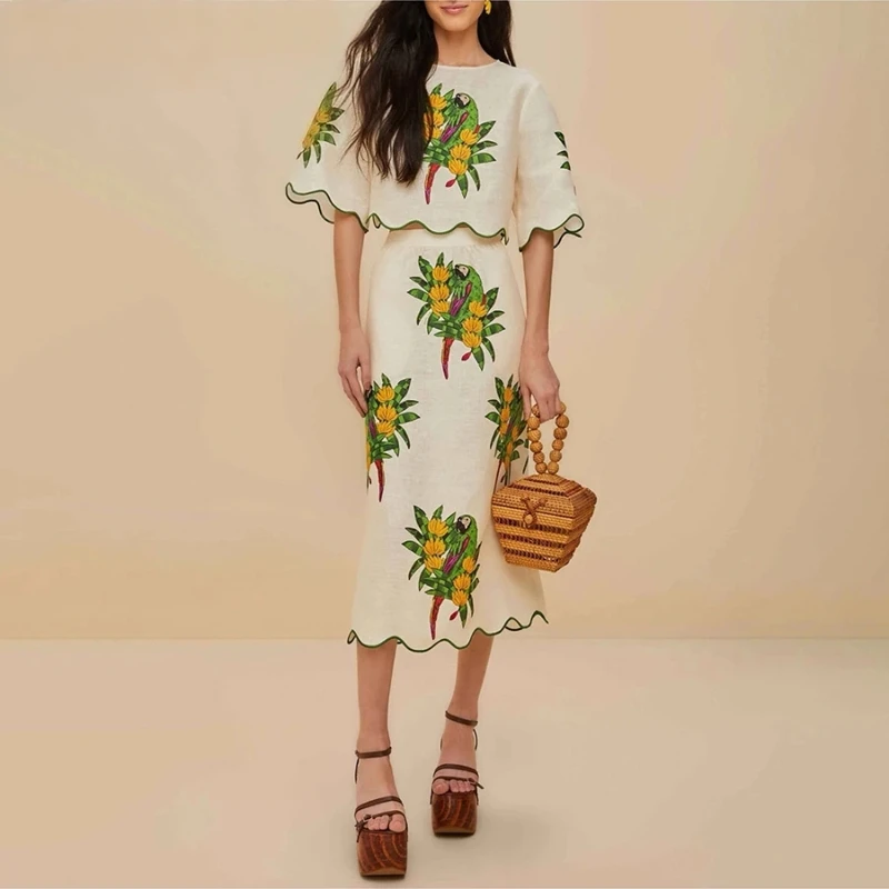 

Hit Color Printing Two Piece Set For Women P Neck Short Sleeve Top Highwaist Skirts Elegant Sets Female Fashion New