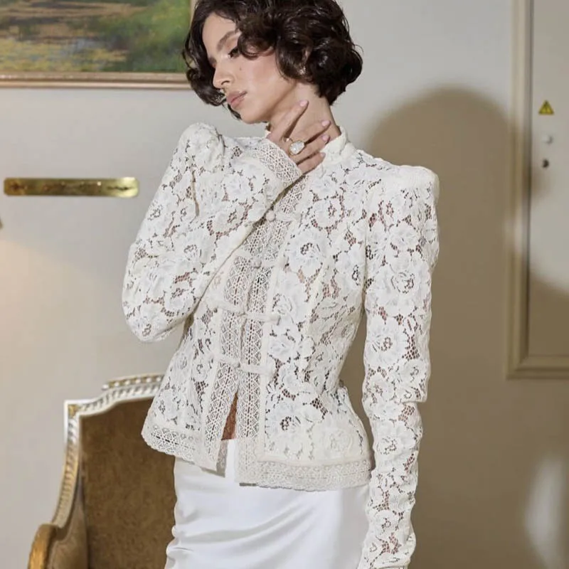 

Elegant Embroidery Puff Sleeve White Shirts Summer Sexy Hollow Out Lace Blouse Casual Sand Collar Top 2025 Vintage Shirts
