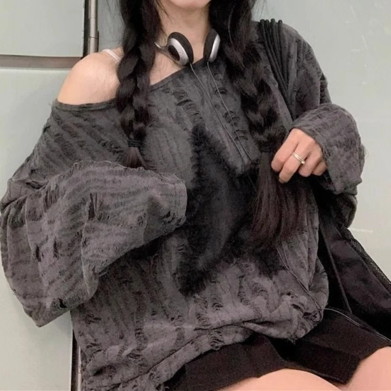 Design Feeling of Holes, Sunscreen, Off-the-shoulder Long Sleeve T-shirt, Women's Loose Drawstring Strap Top