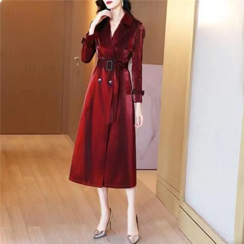 Glossy Windbreaker Spring Autumn High End WomenNew Temperament Long Coat Popular Elegant Female Jacket Trench Coat Overcoat