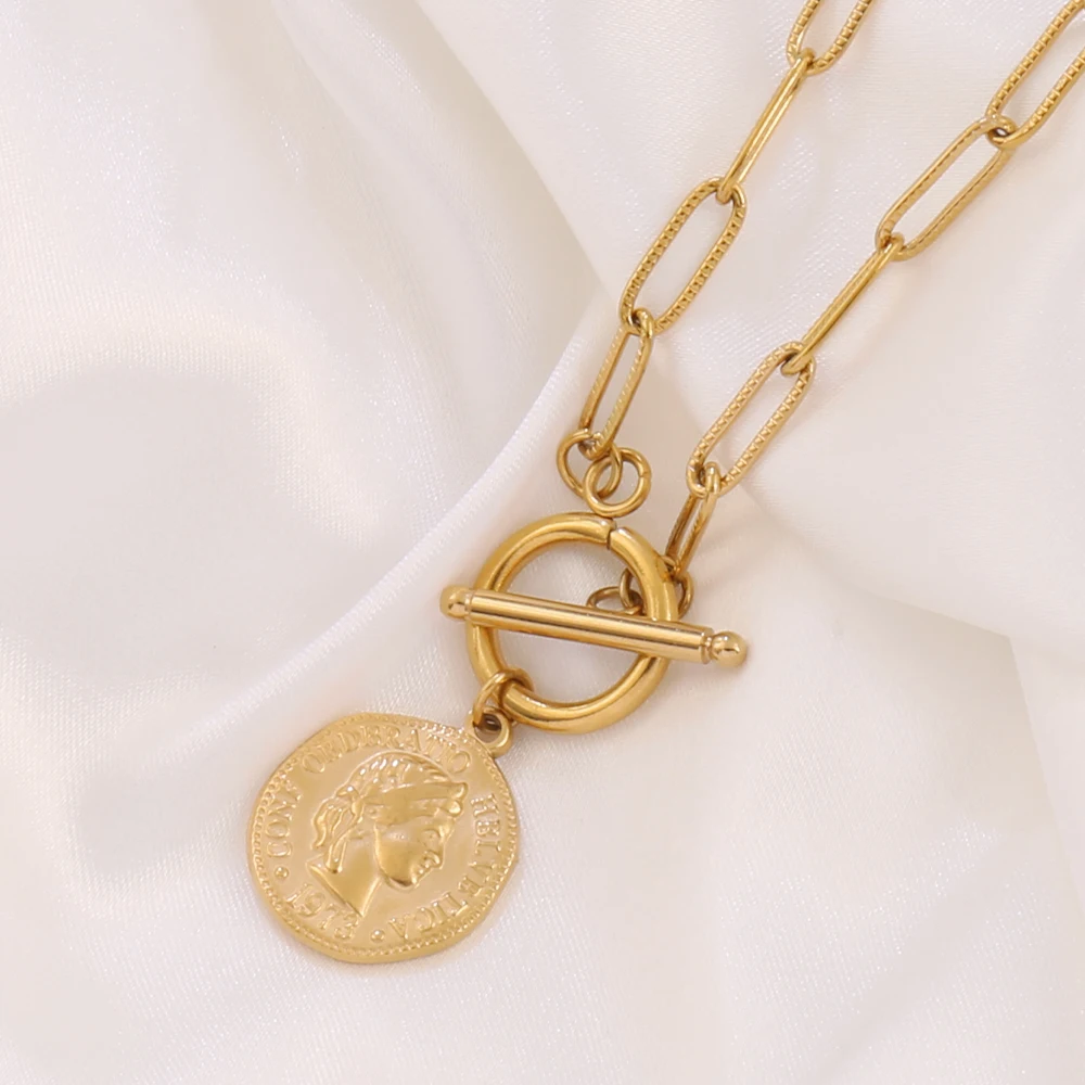 316L الفولاذ المقاوم للصدأ عملة قلادة قلادة للنساء فاسق الذهب اللون جولة سحر سلسلة القلائد مجوهرات