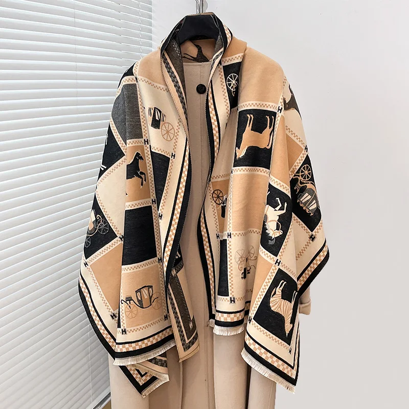 Luxury Warm Poncho Cashmere Winter Women Scarf Horse Print Shawl Wraps Female Thick Pashmina Blanket Bufanda Travel Echarpe 2024