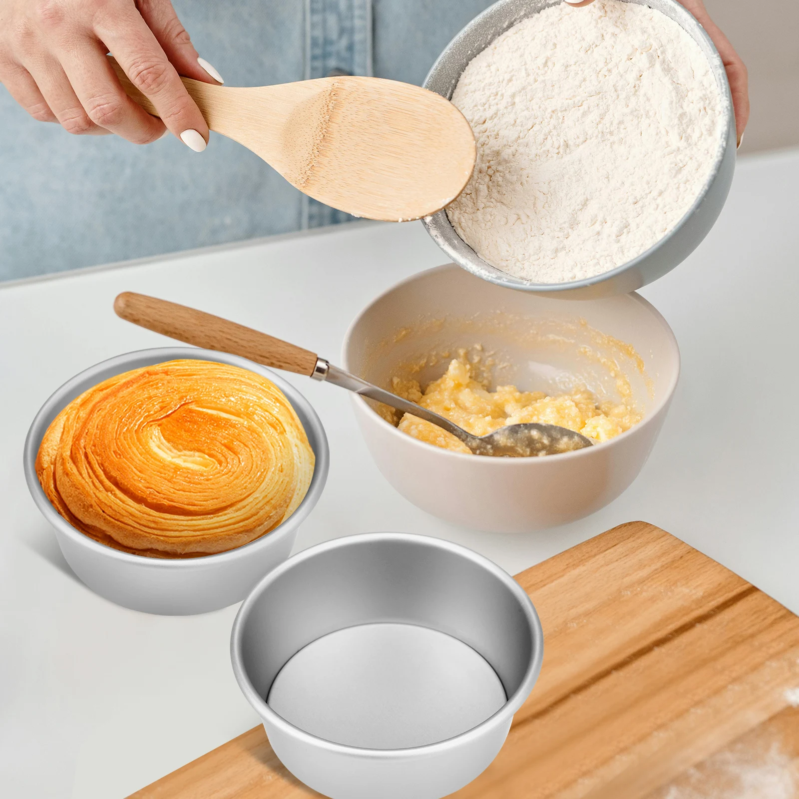 

4 Pcs Cake Mold Aluminum Alloy Removable Bottom Baking Pan Small Round Shaped Nordic Style Even Heat Conduction