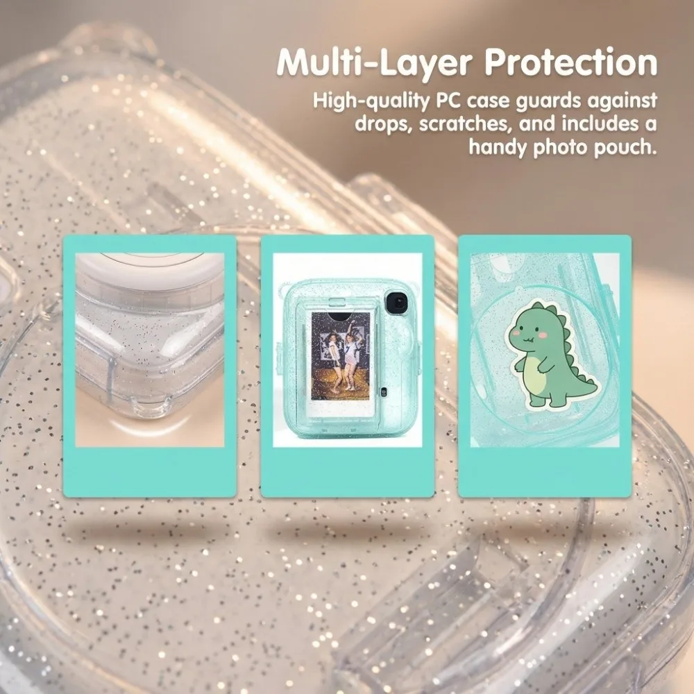 Translucent Glitter Instant Camera Case 3 in 1 with Cartoon Sticker Protective Cover Shockproof for Fujifilm Instax Mini 13