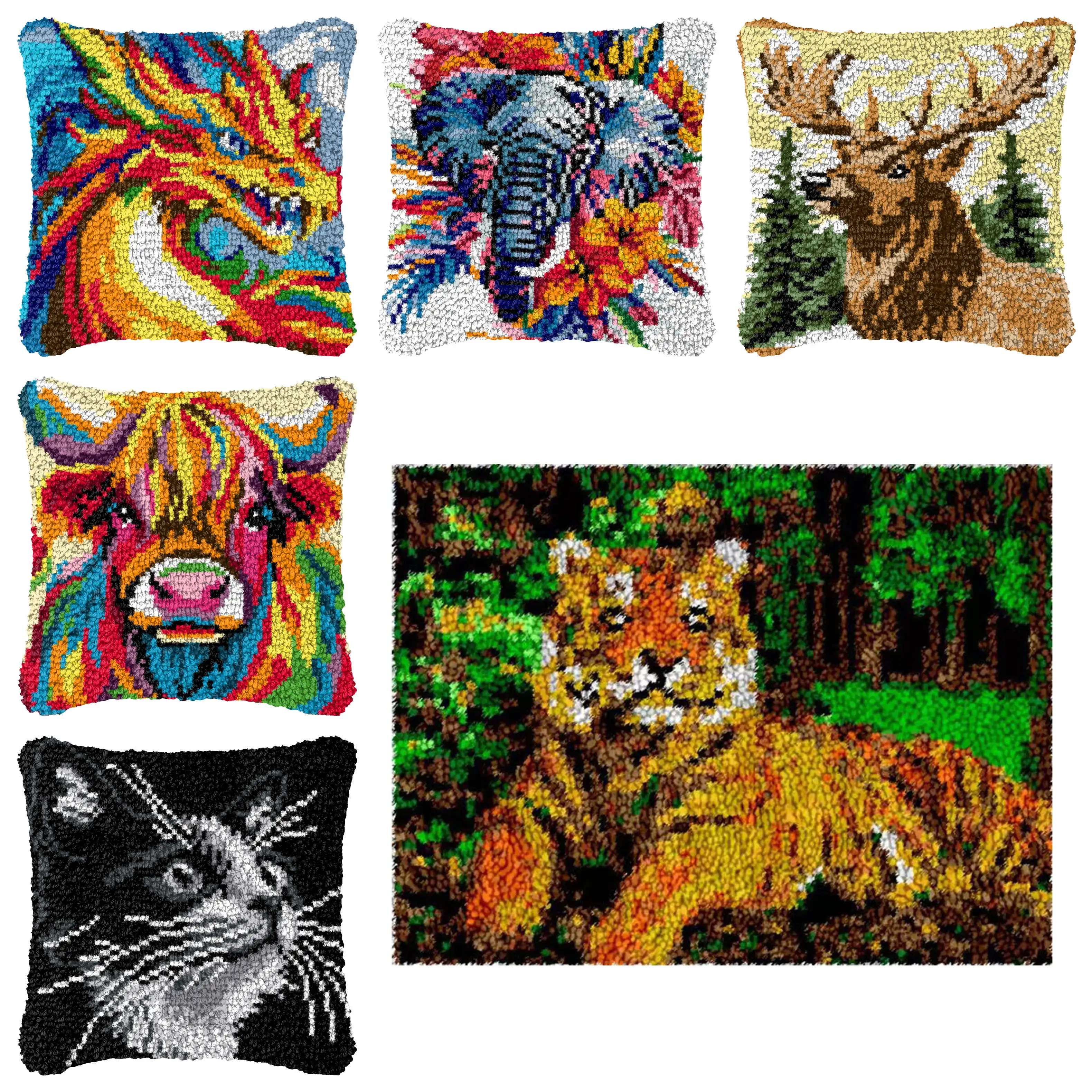 Animal Series Pillow Embroidery Latch Hook Kit Carpet Tiger/Lion/Wolf Latch Hook Rug Smyrna Package DIY Cross Knooppakket Kit