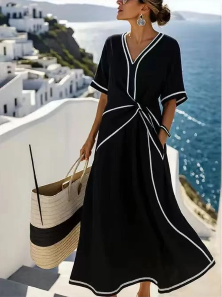 Woman Striped Print Folds Maxi Dresses 2025 Spring Summer Casual V Neck Short Sleeve Vacation Beach Long Dress Boho Loose Dress - Image 5