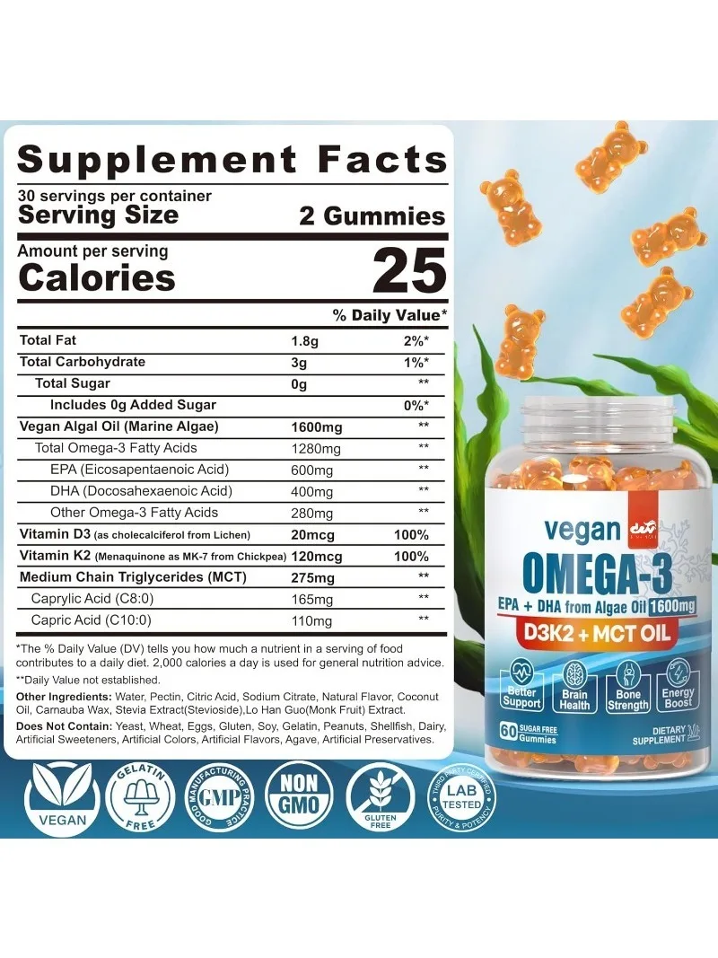 Vegetarian Omega 3 Gummies+Vitamin D3 K2 (MK7), Containing Algae, MCT Oil - Suitable for Brain, Eye, Immune Health