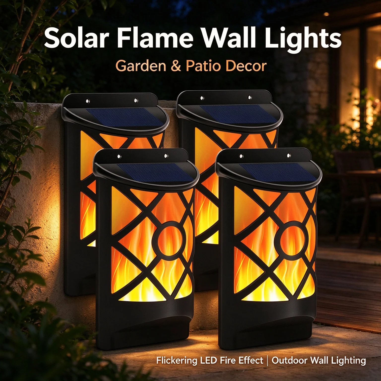 1/4 Pack Solar Flame Wall Lights Outdoor LED Flickering Dancing Flame Wall Mount Lanterns Waterproof Solar Powered Decor Lamp