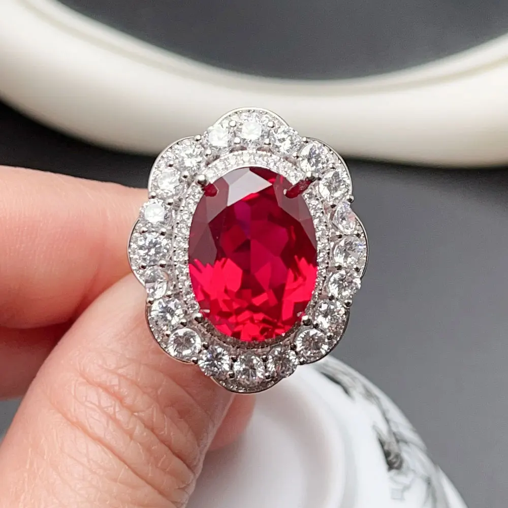 Pure Man Made Ruby Color Gemstone Ring for Wedding 12*16mm Lab Created Red Crystal 925 Silver Ring with Thick 18K Gold Plating