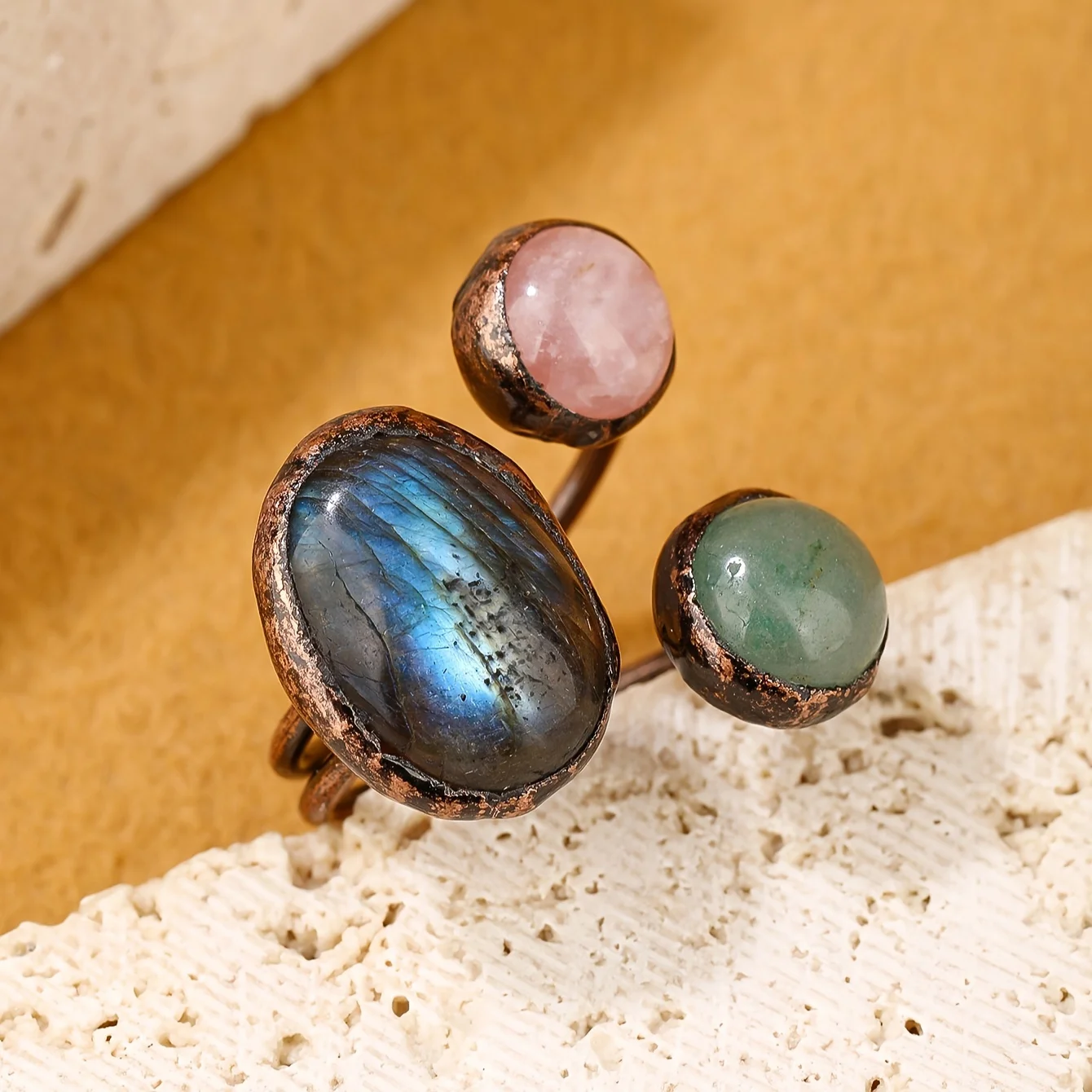 YEEVAA Vintage Style Natural Labradorite Combination Ring with Pink Tourmaline and Green Stone,Perfect for Parties and Events