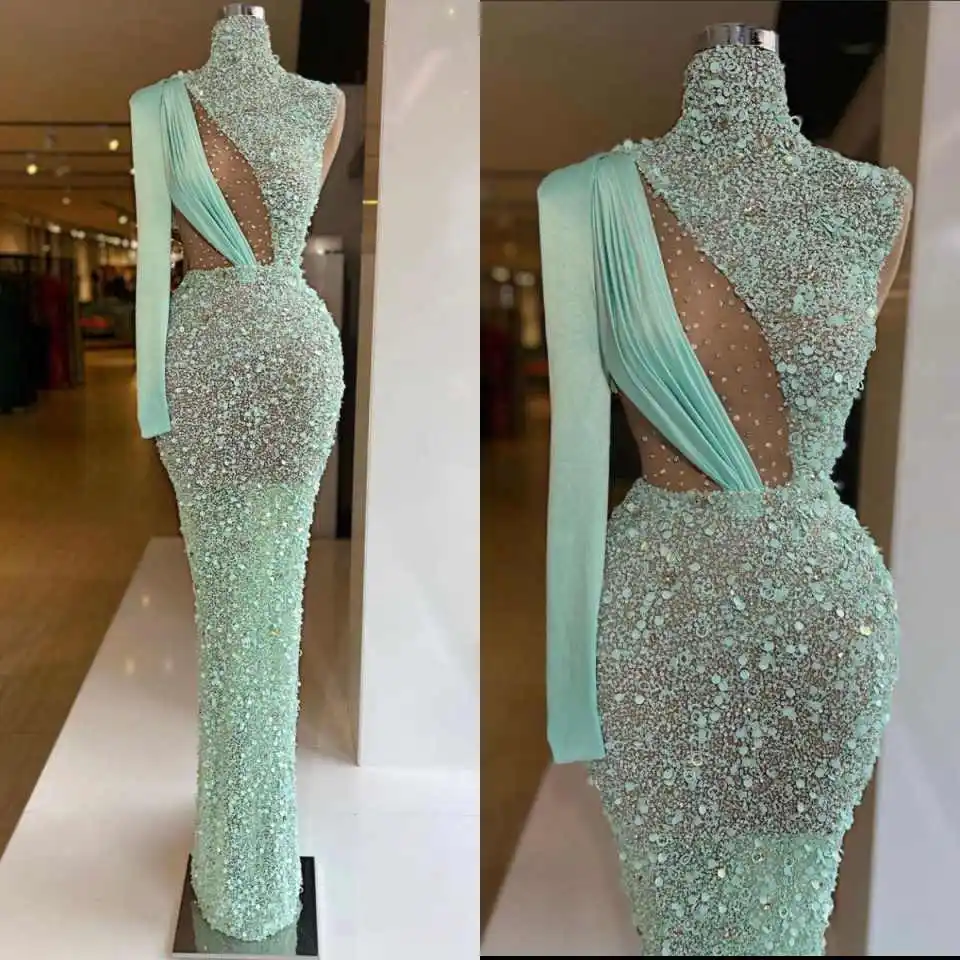 Vestidos de Noche de Lujo Premium con Cuello Alto, Diseño con Cuentas, Adornos de Pedrería y Lentejuelas, Un Hombro Descubierto, para Fiestas Formales