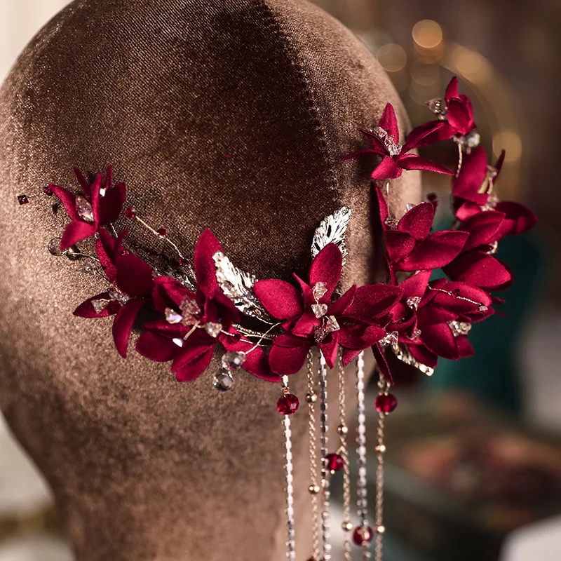 Nieuwe Rode Bloem Bruids Bruiloft Haarspeldjes Rode Kralen Kwastje Bloem Haar Clips Back Hoofd Bruiloft Hoofdtooi