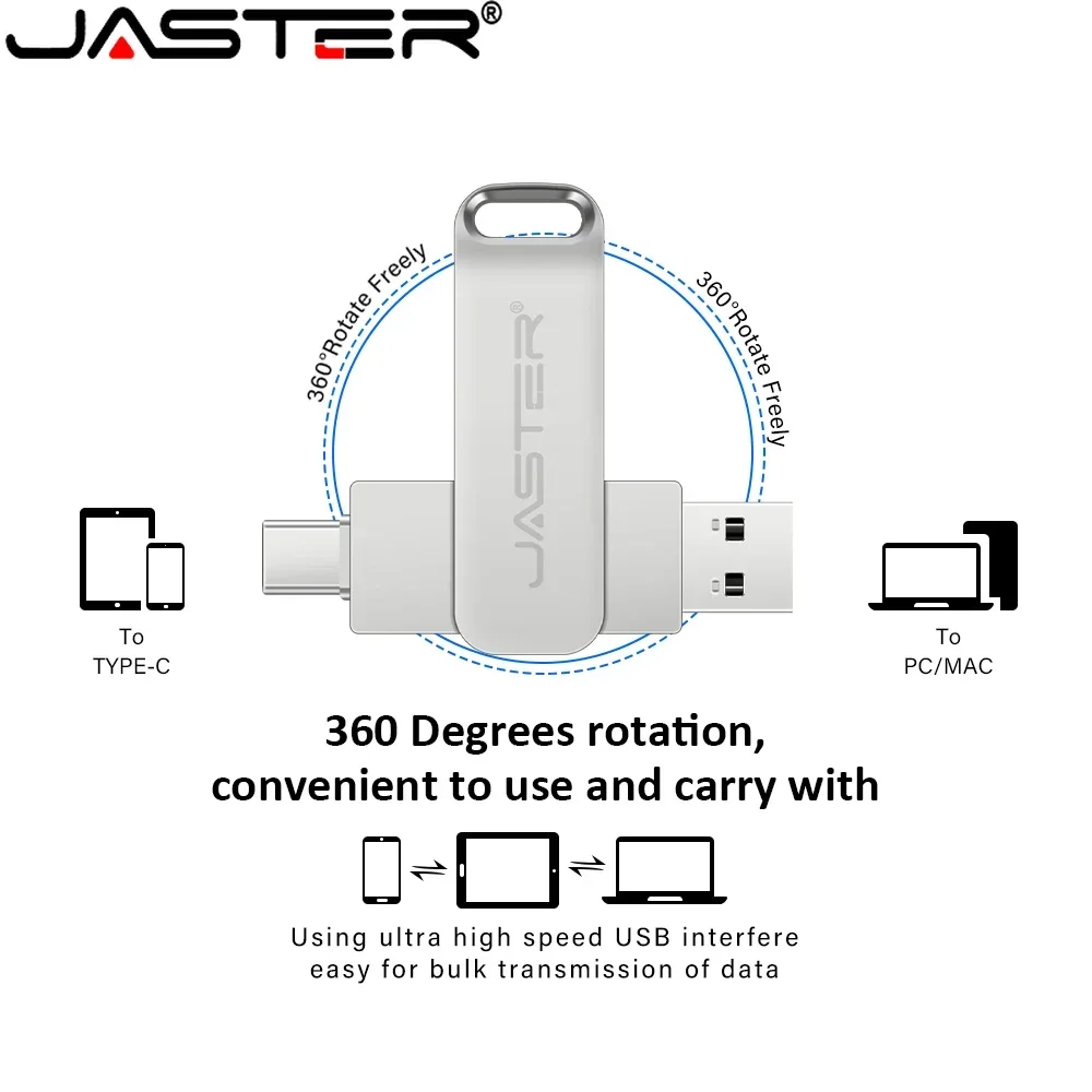 JASTER Free Custom Logo TYPE-C Pen Drive 128GB Rotatable Metal Silver USB 2.0 Flash Drive 64GB Business Gift Memory Stick 32GB
