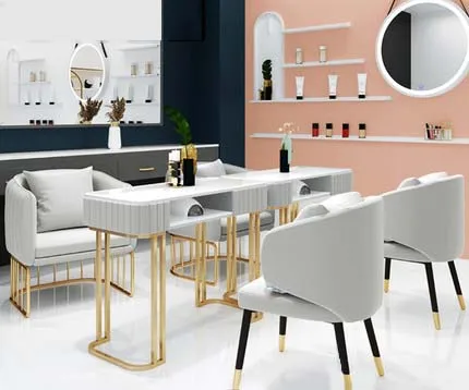 Modern Nail Art Table and Chair Set, Light Luxury Nail Shop Golden Marble Single and Double Nail Art Table