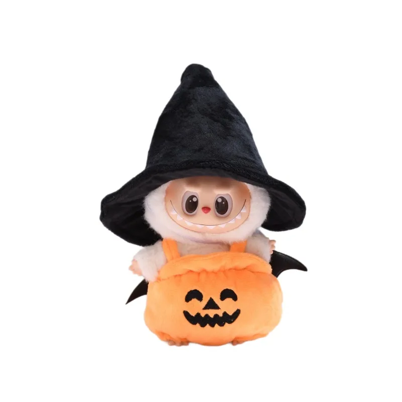 

1st-3rd Gen Labubu 17cm 1st 2nd Generation Labubu Keychain Ornament Halloween Pumpkin themed Outfit with Black Hat for Dolls