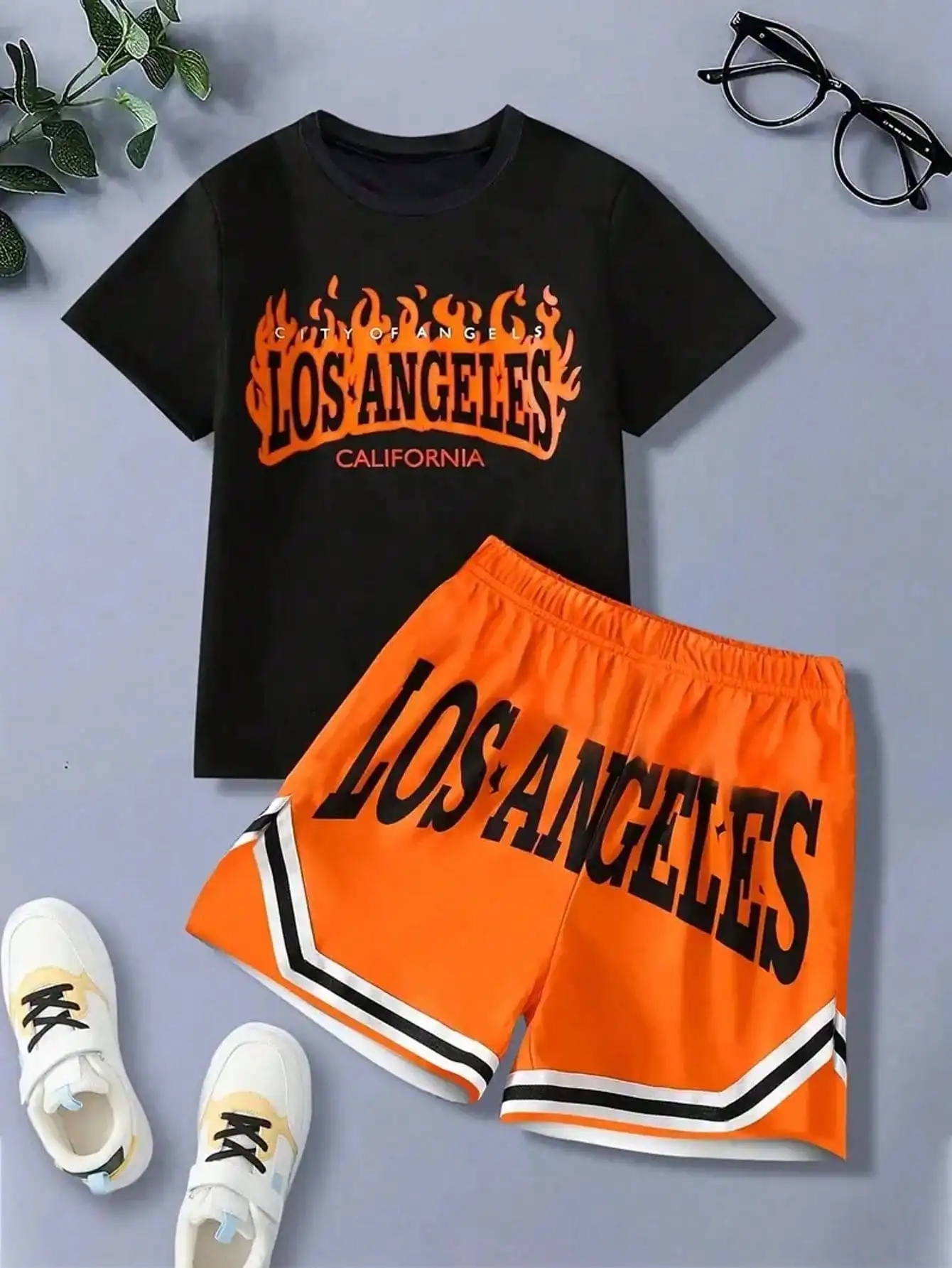 Children's Clothing Set Casual Flame Los Angeles Letter Graphic Printed Short-Sleeved T-Shirt and Elastic Waist Shorts Set