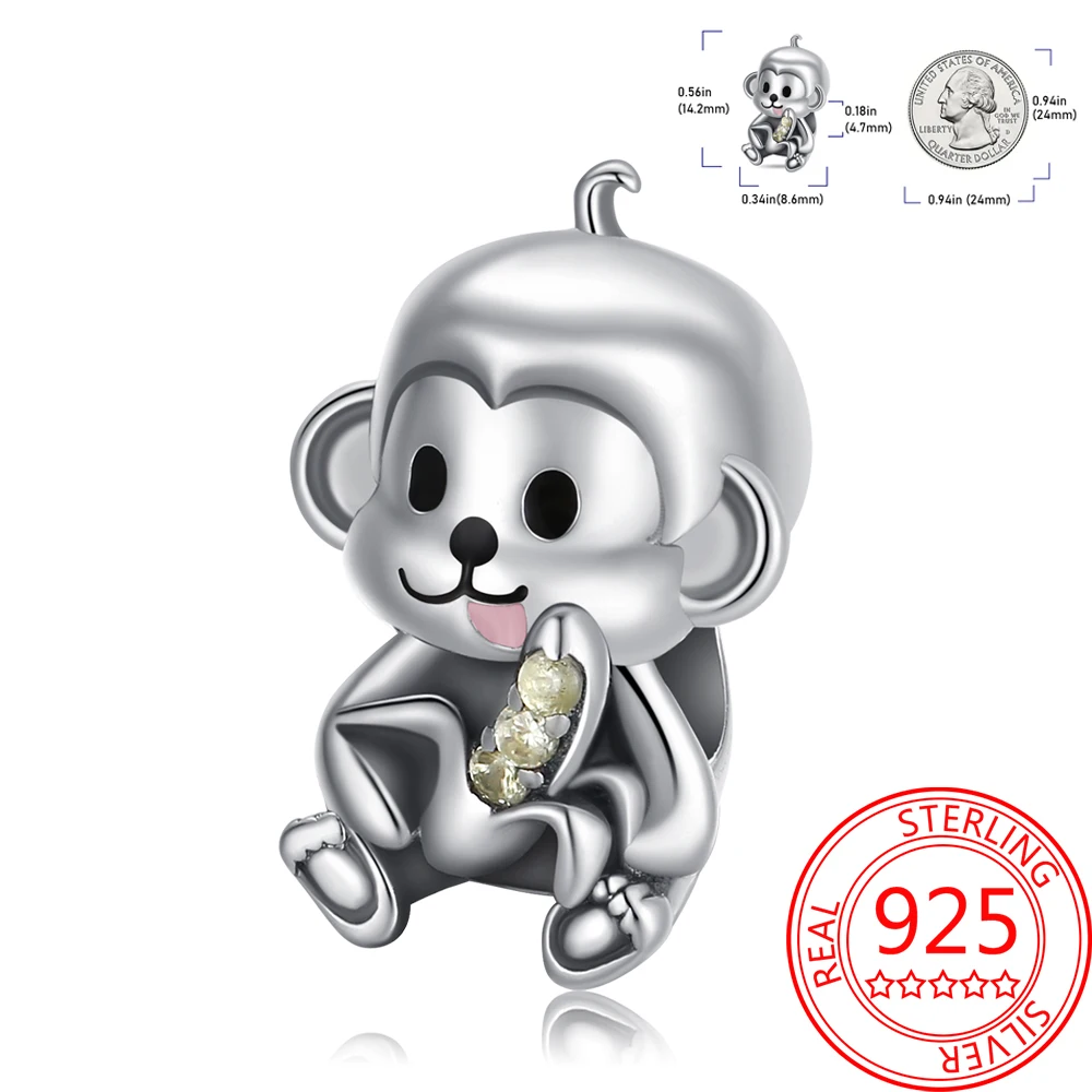 Animal Series 925 Sterling Silver Cute Banana Eating Monkey Charm Bead Fit DIY Bracelet  Boutique Jewelry Party Gifts