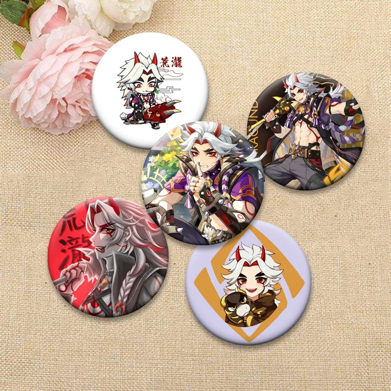 Popular Game Genshin Impact Brooches Arataki Itto Cartoon Cosplay Badge Round Creative Anime Pin Backpack Bag Ornament Accessory