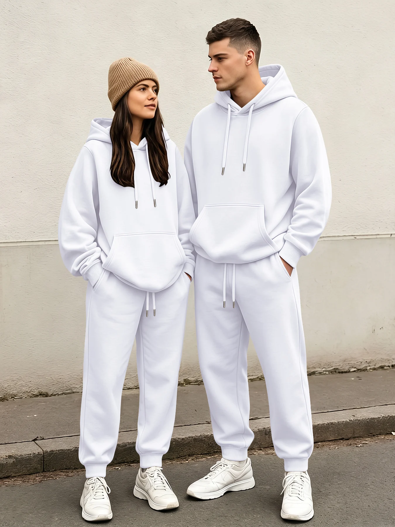 Spring‑Fall Couple Hoodie Set, Unisex Solid‑Color Pullover Two‑Piece Outfit, Loose Casual Sports Sweatpants Suit